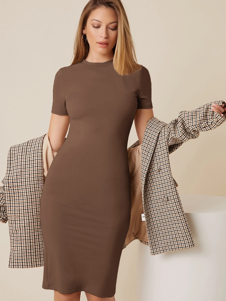 Solid Dark Brown Women's Bodycon Dress Knee Length Half Sleeve Solid Dark Brown Women's Bodycon Dress Knee Length Half Sleeve