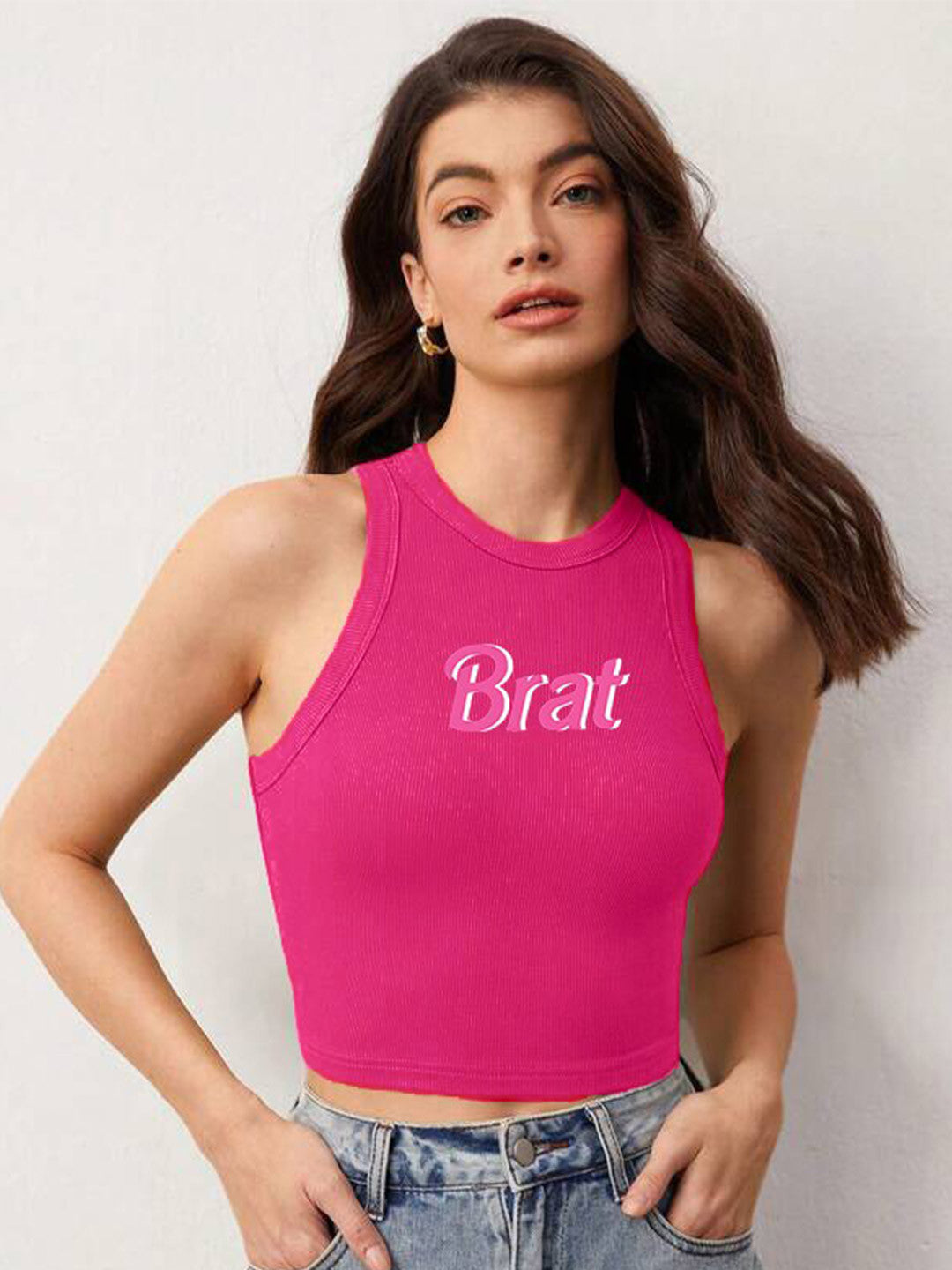 Typography Printed Stretchable Ribbed Tank Crop Top