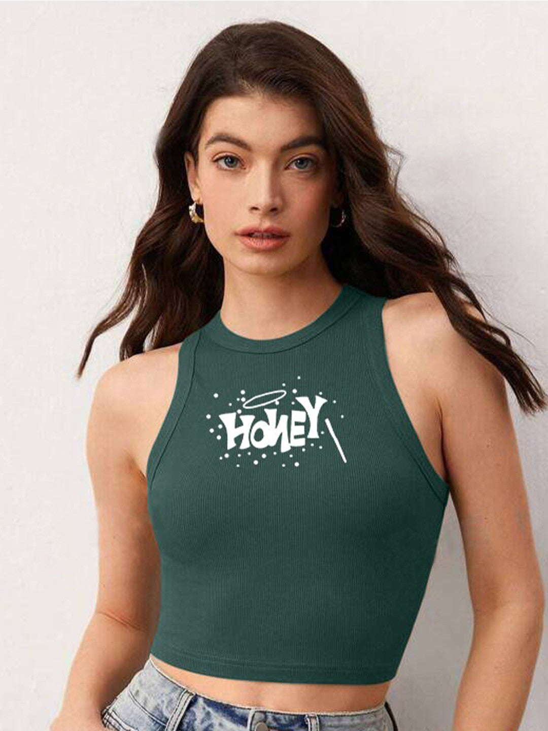 Typography Printed Ribbed Fitted Crop Top