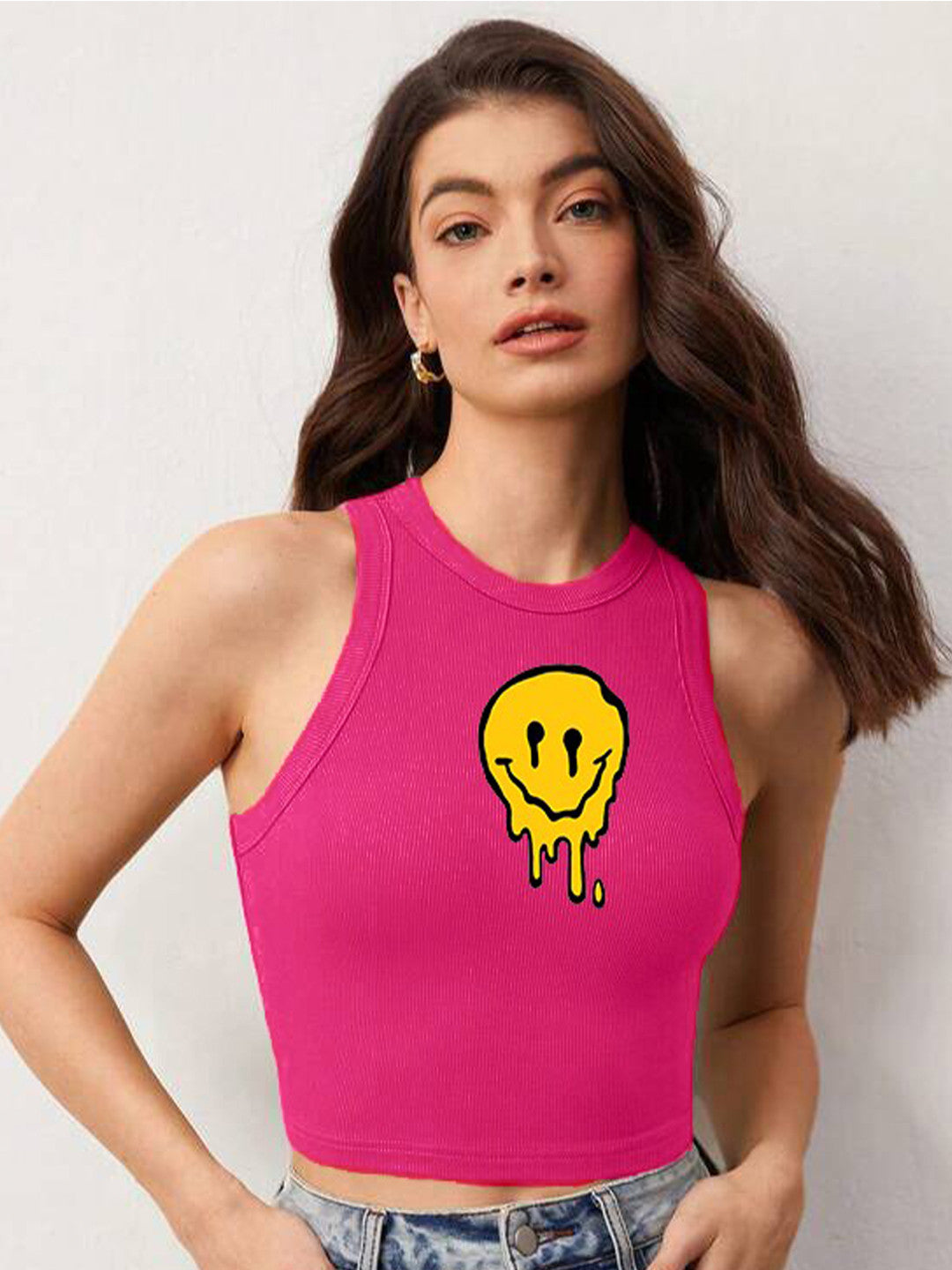 Graphic Printed Ribbed Stretchable Tank Crop Top