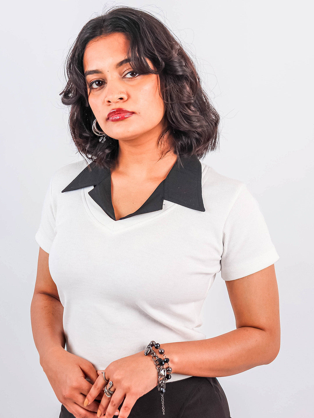 Ribbed Shirt Collar Crop Top