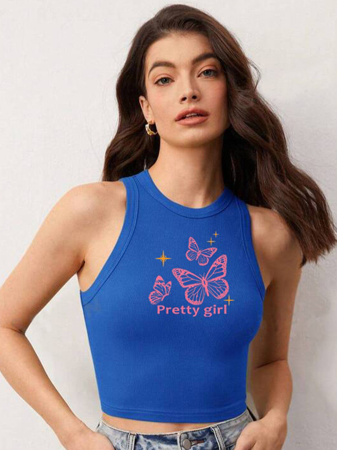 Printed Round Neck Tank Crop Top