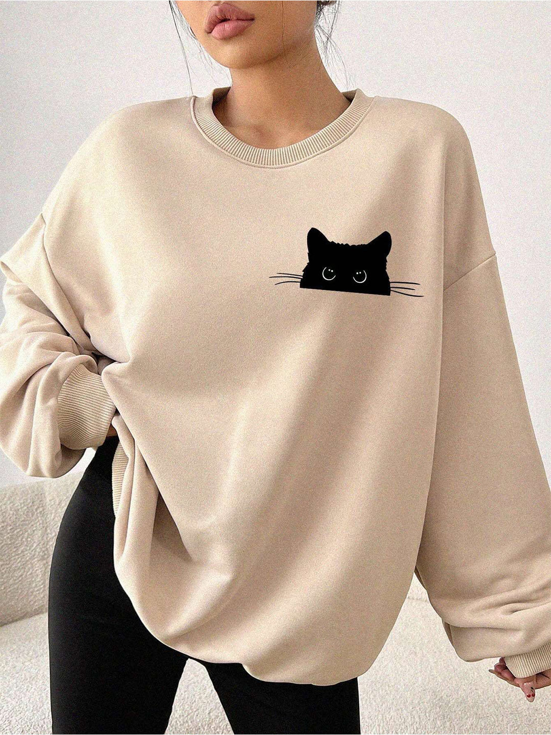 Women Cat Printed Pullover Oversized Sweatshirt