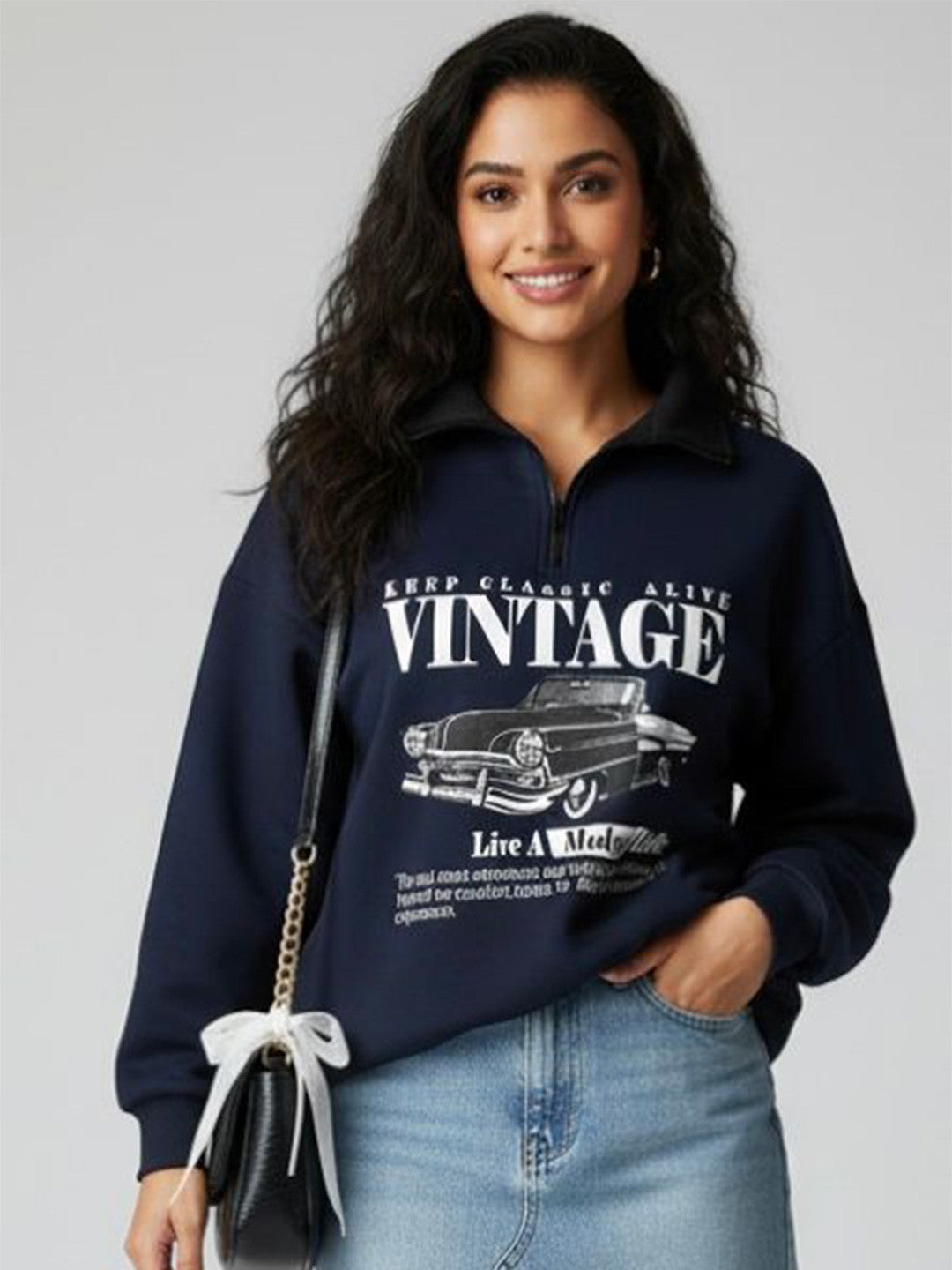 Women Typography Printed Oversized Half Zipper Sweatshirt