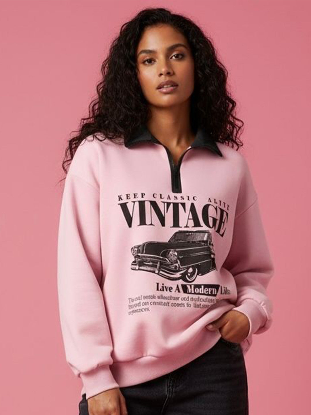 Women Graphic Printed Pullover Half Zipper Sweatshirt