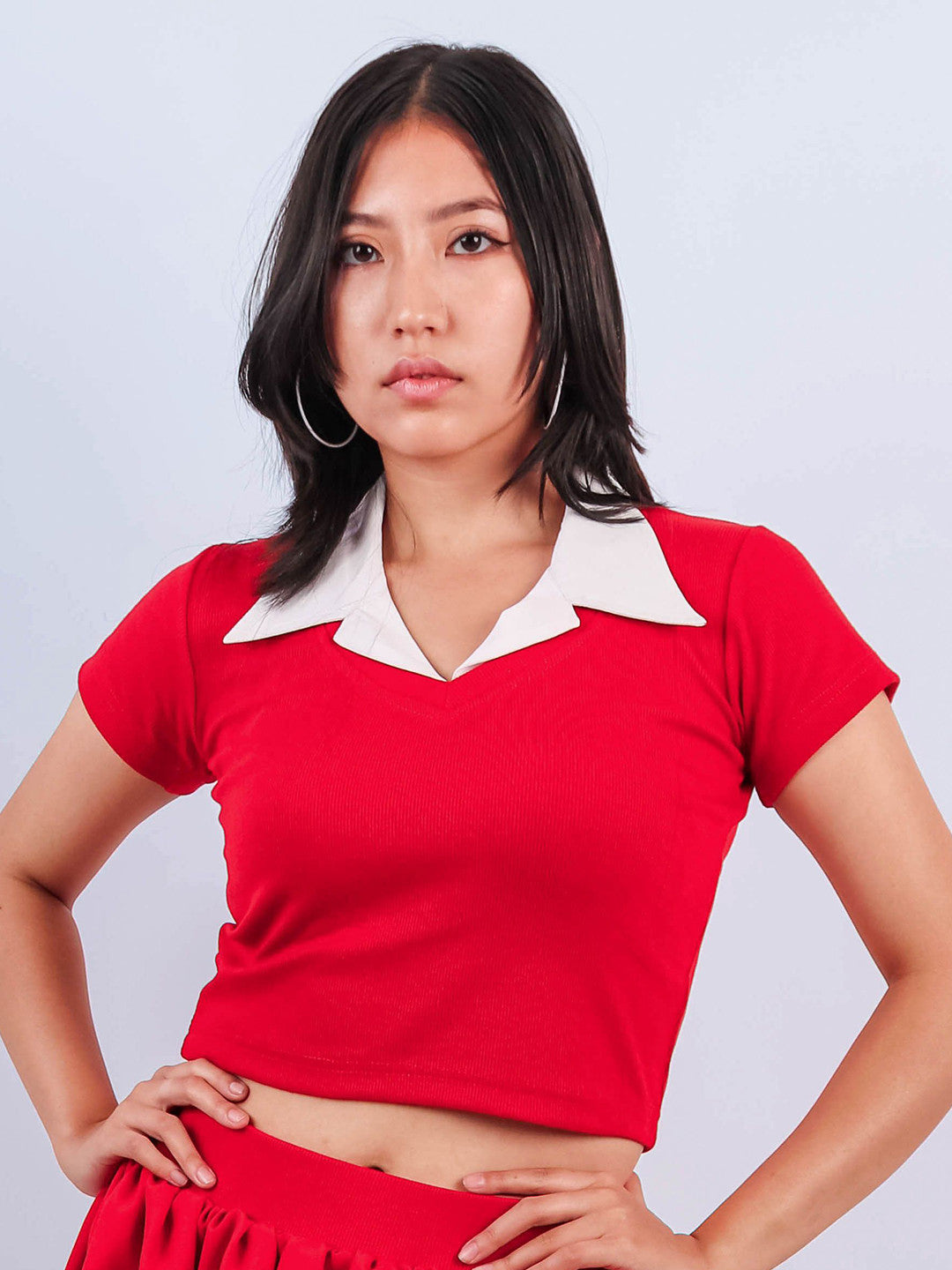 Ribbed Shirt Collar Crop Top
