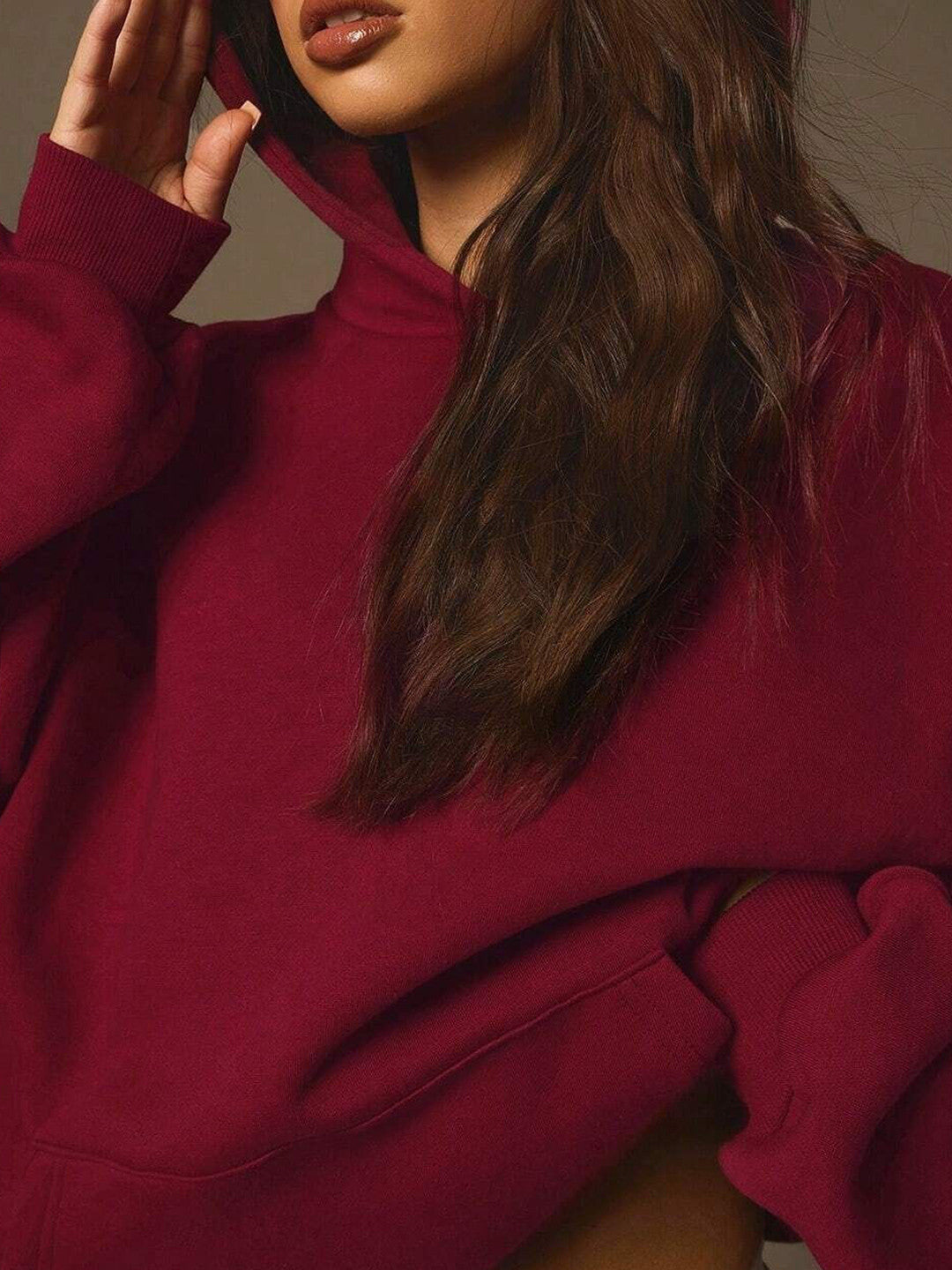 Women Solid Hooded Long Sleeves Oversized Pullover Sweatshirt