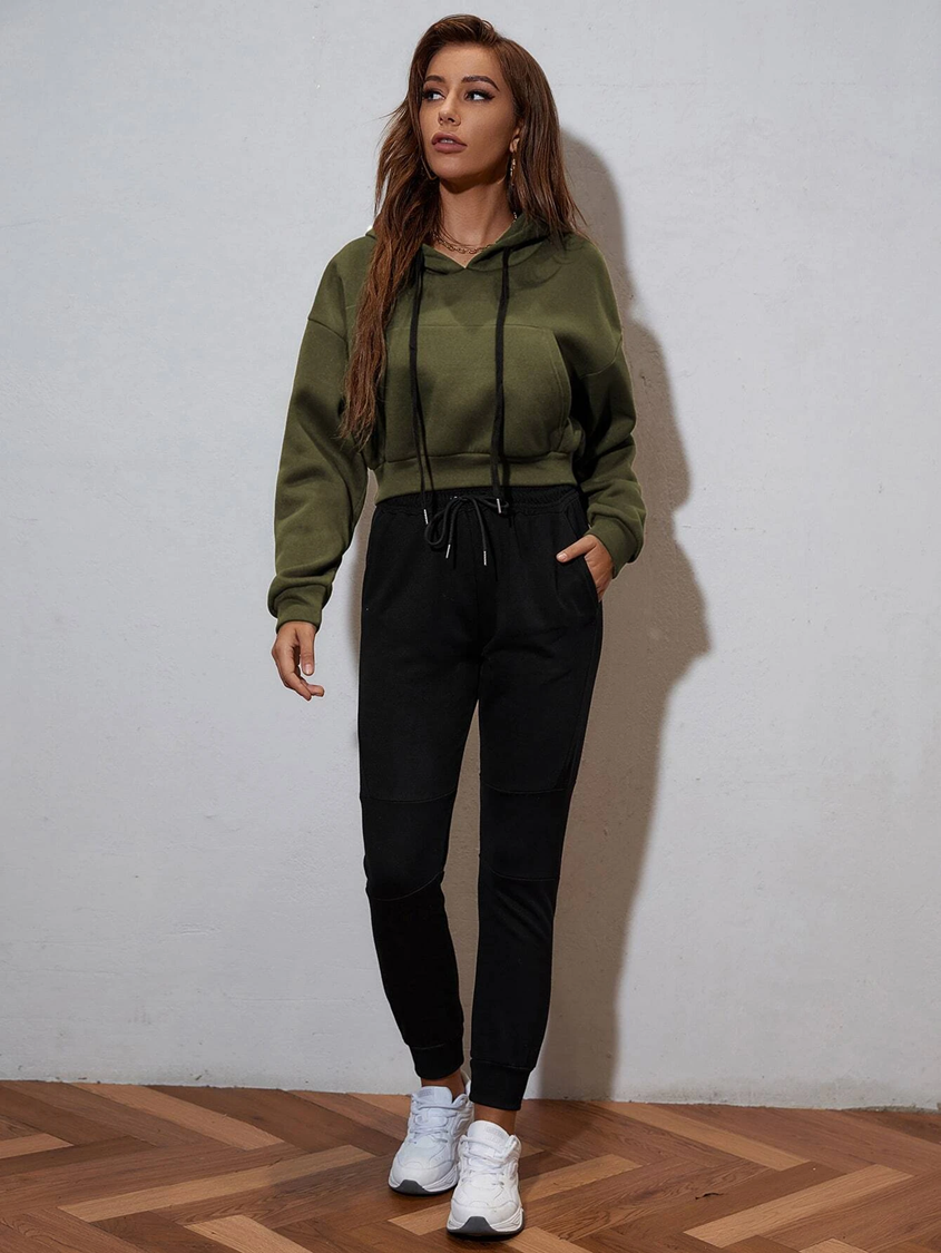 Army Green hoody crop hoodie with kangaroo pocket