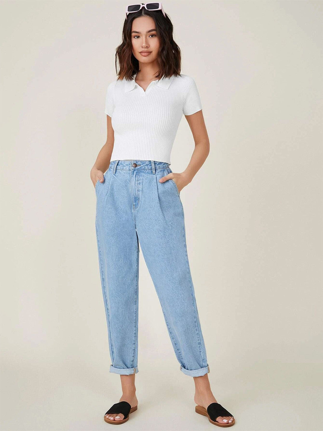 Women Shirt Collar Ribbed Fitted Crop Top