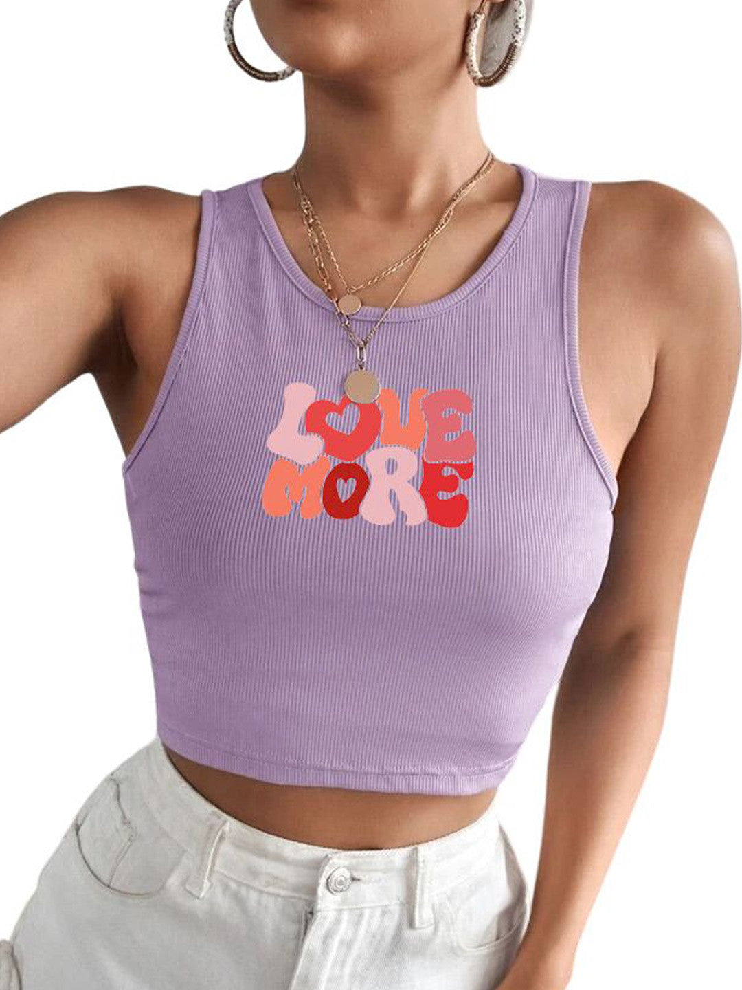 Typography Print Ribbed Crop Fitted Tank Top