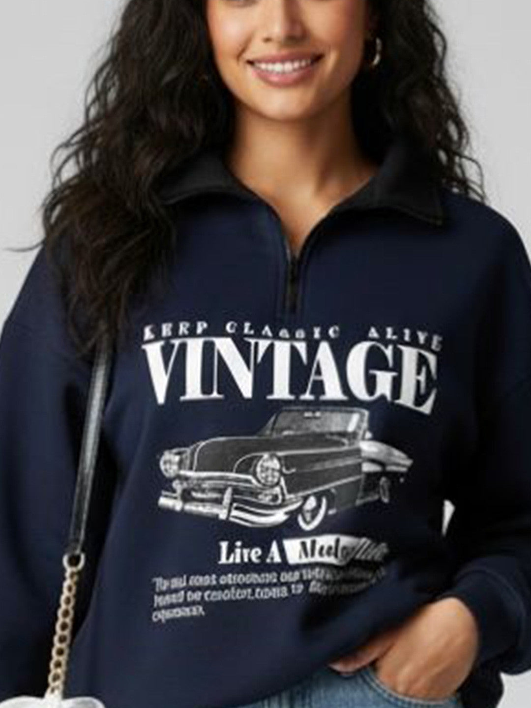 Women Typography Printed Oversized Half Zipper Sweatshirt