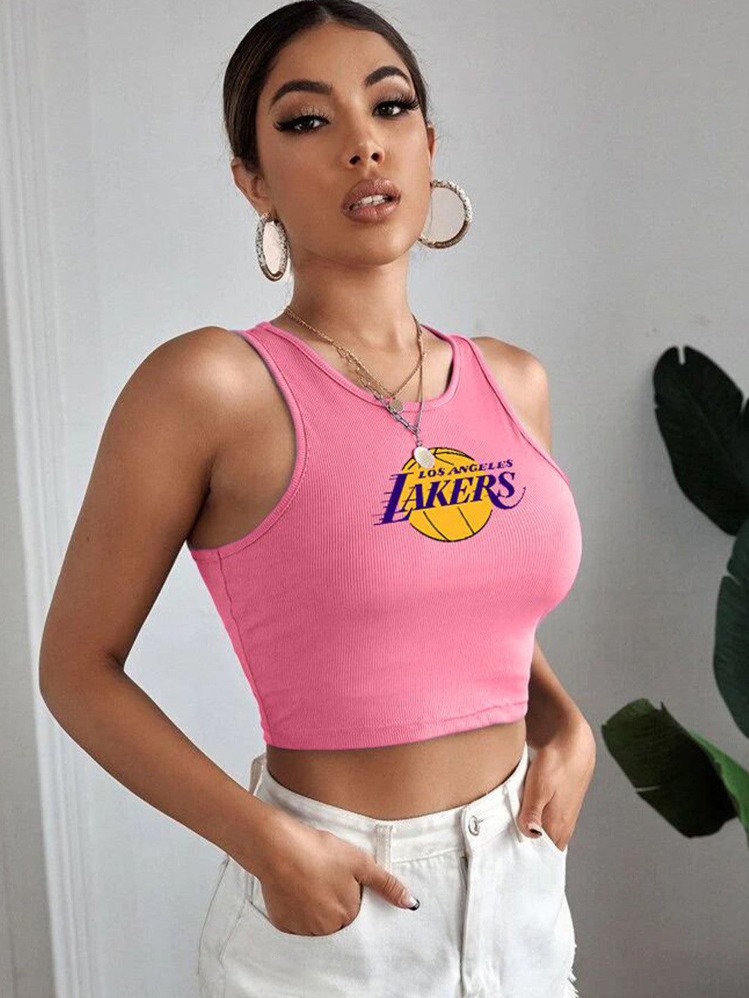 Women Printed Ribbed Cotton Crop Fitted Top