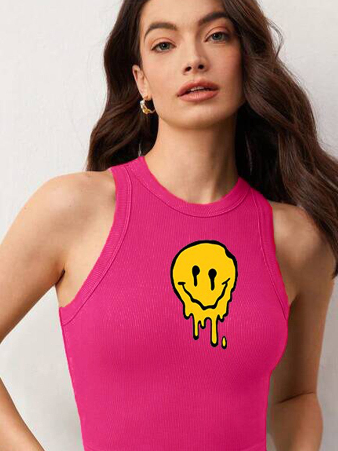 Graphic Printed Ribbed Stretchable Tank Crop Top