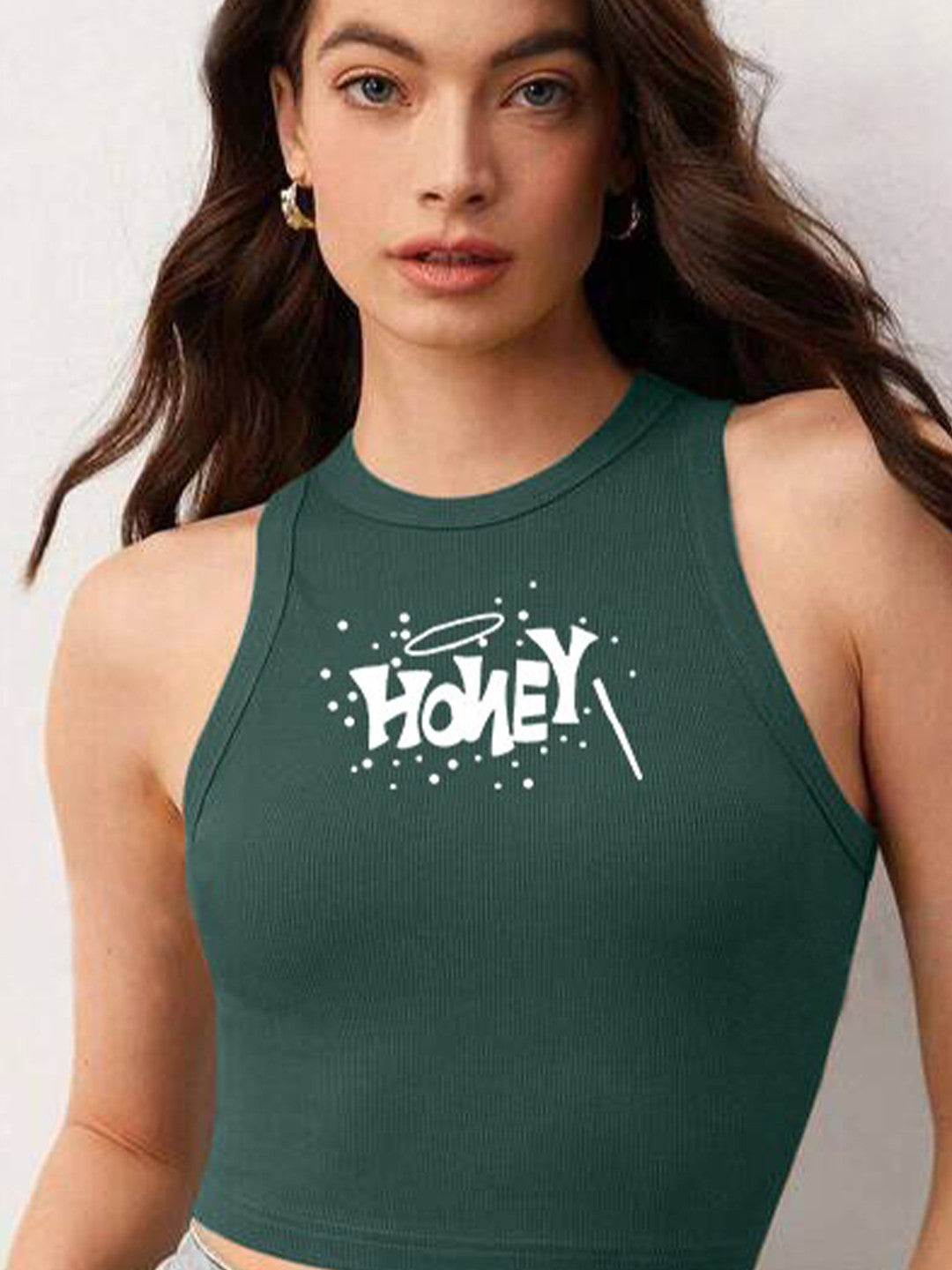 Typography Printed Ribbed Fitted Crop Top