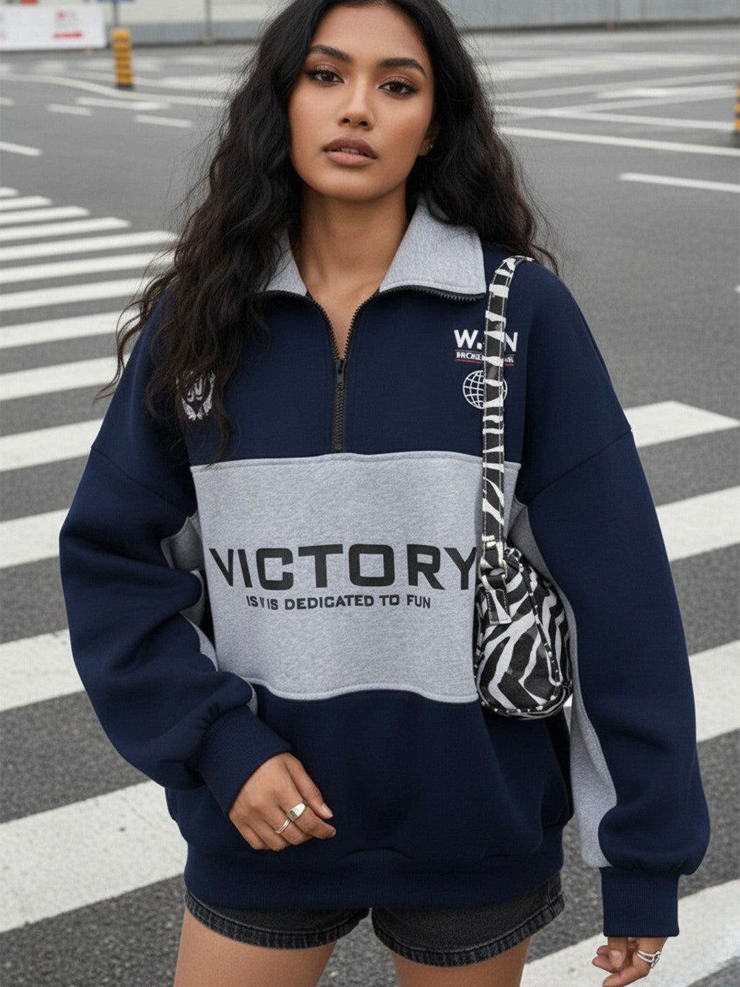Women Printed Shirt Collar Sweatshirt