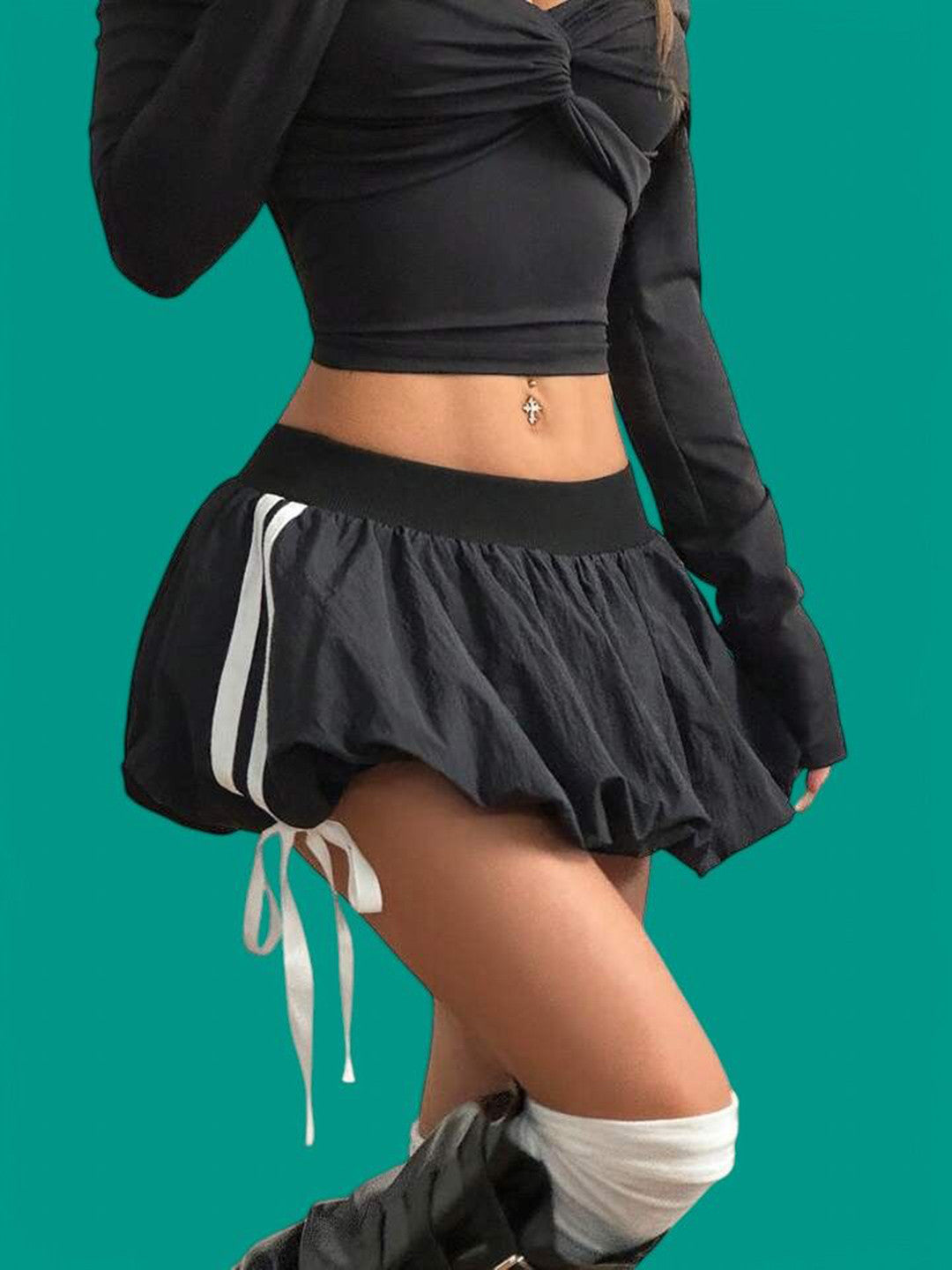 Women Striped Balloons Puffed Mini Skirt