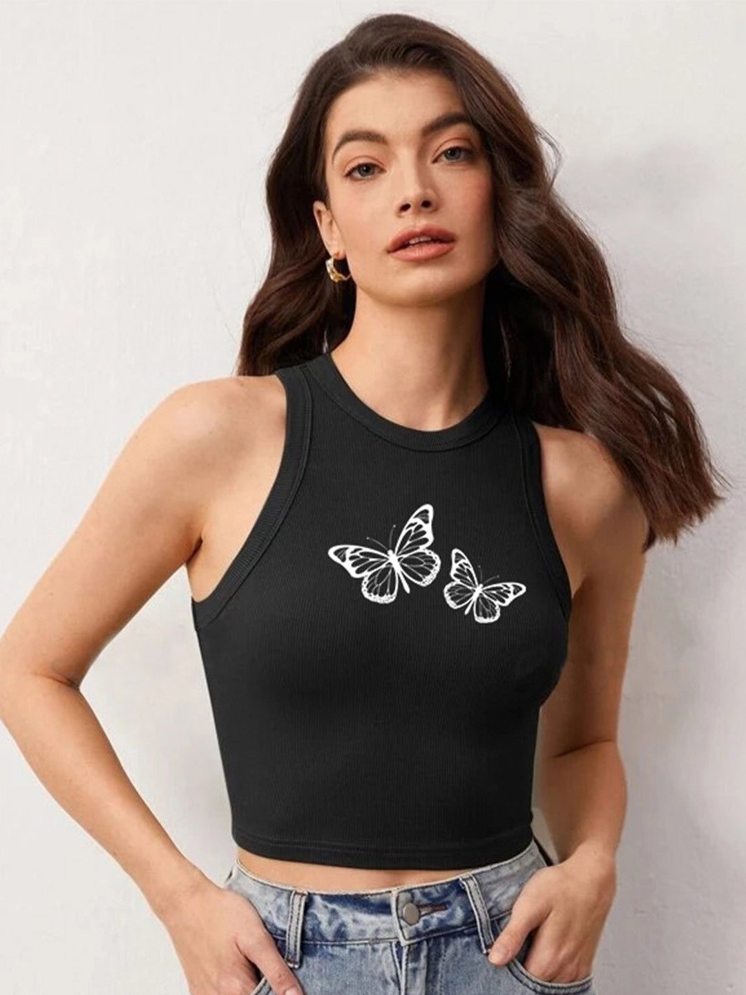 Printed Round Neck Crop Top