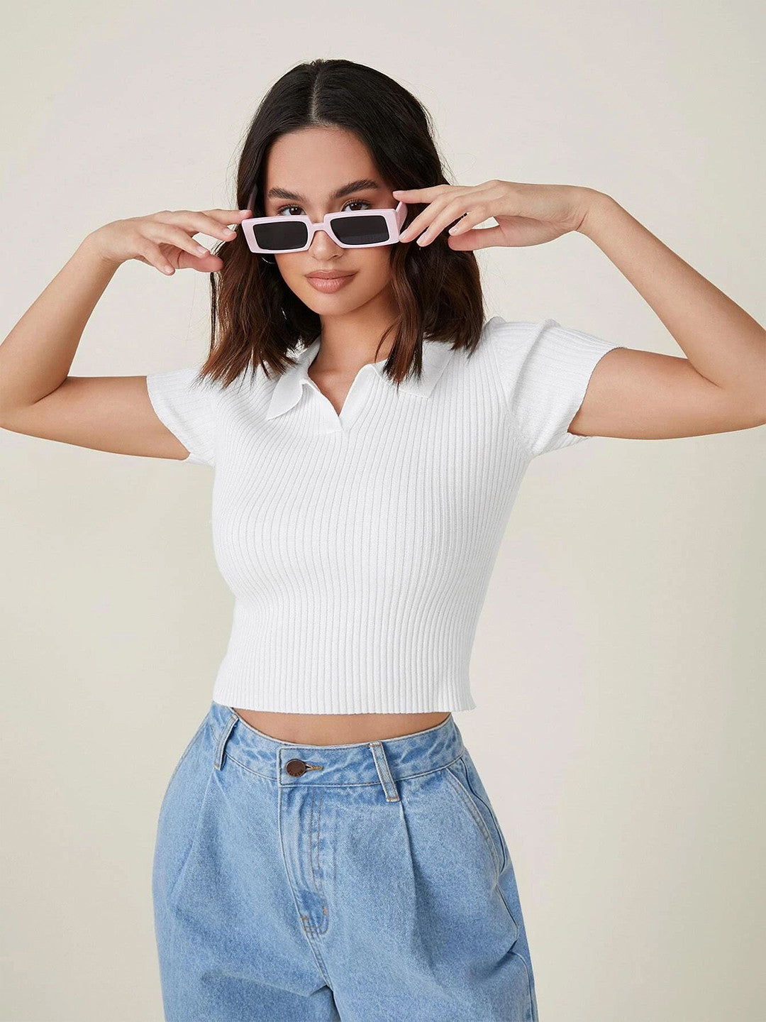 Women Shirt Collar Ribbed Fitted Crop Top