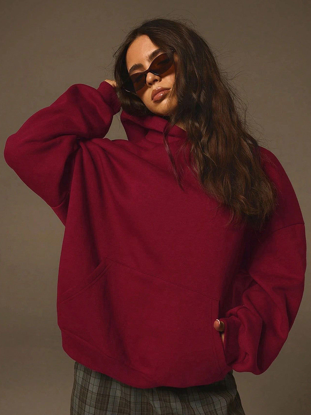 Women Solid Hooded Long Sleeves Oversized Pullover Sweatshirt