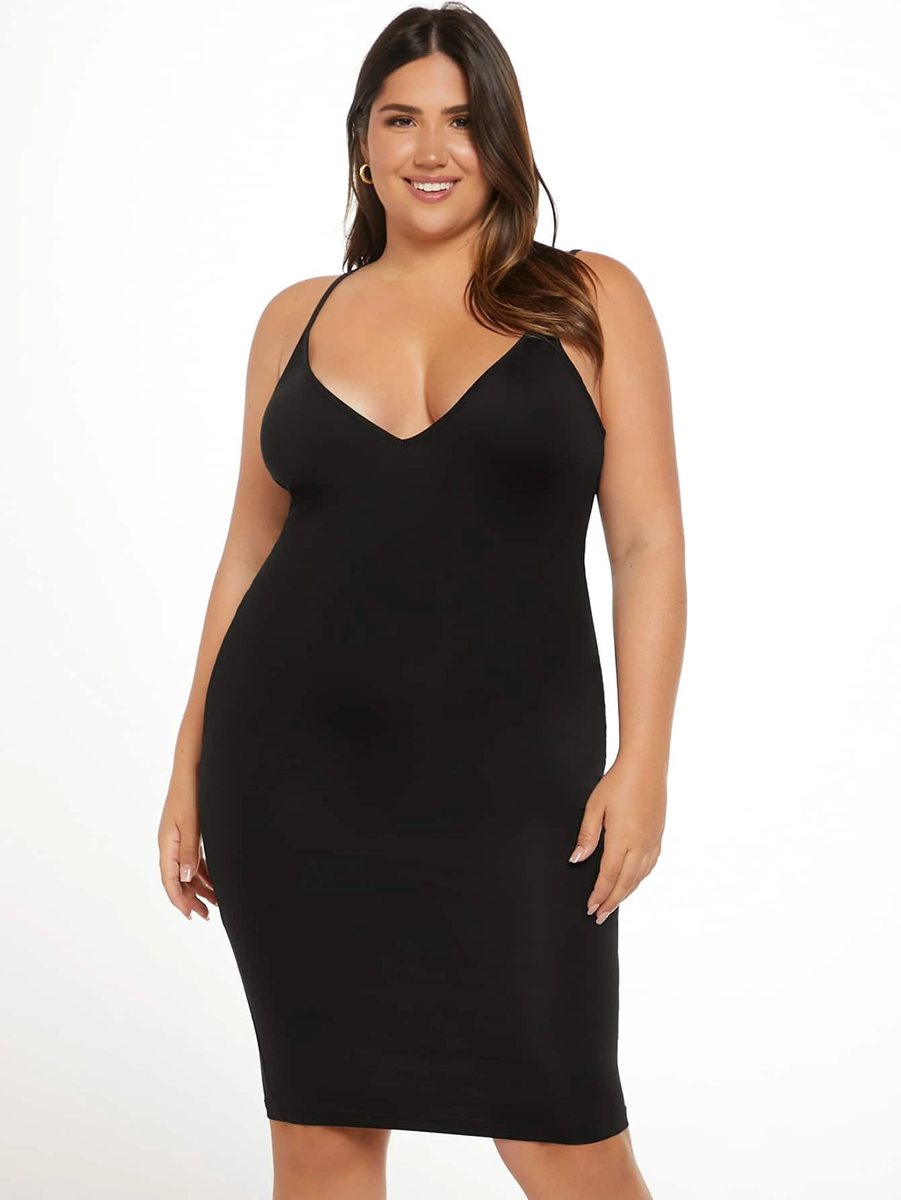 Fitted Black Bodycon V-Neck Shoulder Strap Knee length Dress