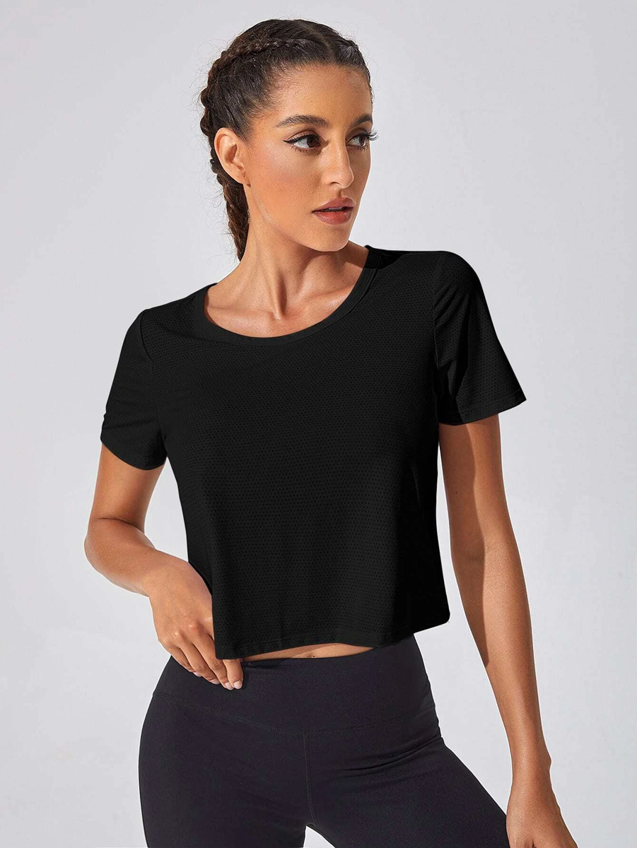 black Cut Out Twist Back Crop Sports Tee