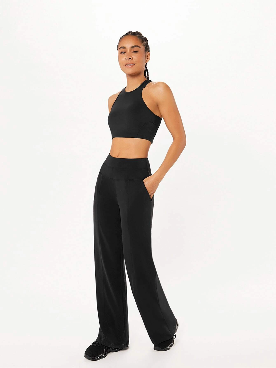women's black straight broad pants for yoga and casual wear