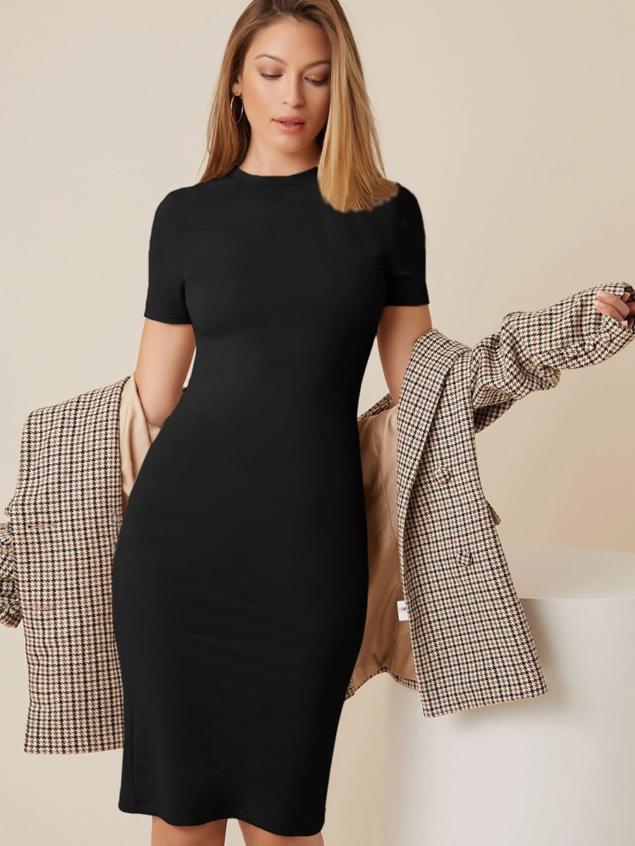 Black Bodycon Dress Knee Length with Half Sleeve Tabadtod Store